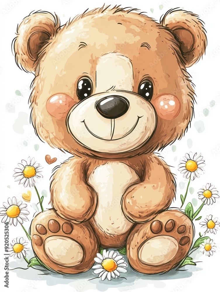 Canvas Prints cute cartoon teddy bear with big brown eyes and a smile sitting among daisies on a white background.