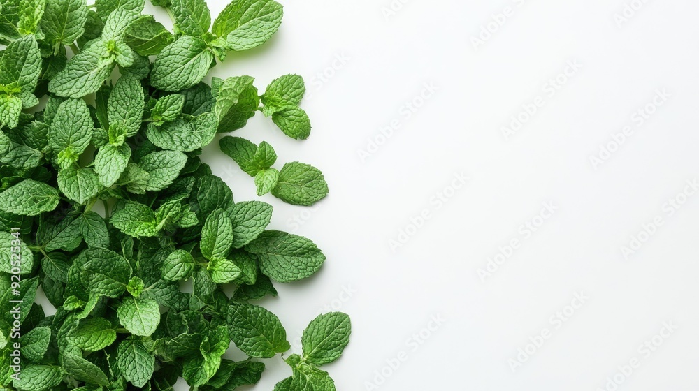 Wall mural top view of a bunch of fresh mint leaves arranged neatly on a white background with space for text