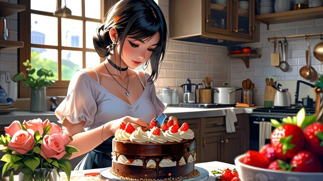 a woman decorating a cake in a beautifully appointed kitchen. anime style