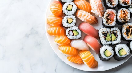 Top view of an assorted sushi platter with maki rolls, nigiri, and sashimi on a white plate, leaving space for copy.