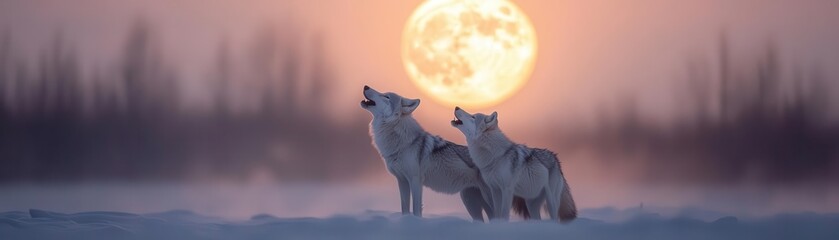 A stunning twilight scene featuring two wolves howling under a full moon, surrounded by a serene winter landscape.