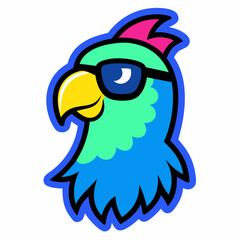 Parrot logo design vector art illustration. Parrot head with sunglasses icon illustration.
