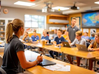 Female student writing in a classroom.