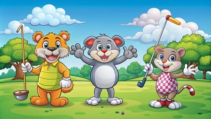 Obraz premium Cartoon animals playing golf with big smiles, cheerful, cartoon, animals, playing, golf, attire, golfer, happy, fun, course, putt