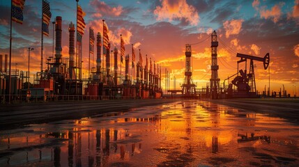 Sunset over oil drilling site with flags and industrial rigs reflecting in puddles