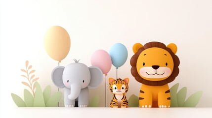 Naklejka premium Colorful animal toys with balloons in a playful setting, perfect for children's decor and party themes.