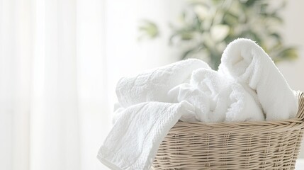 Obraz premium An overflowing laundry basket full of white towels and linens, with a bright, airy background, symbolizing cleanliness and home life.