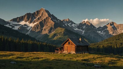 A wooden cabin sits in a grassy field, with snow-capped mountains