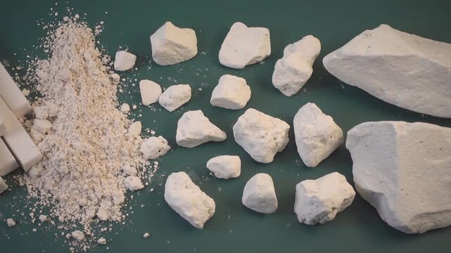 natural pieces of chalk mineral stones on green chalkboard background, concept, top view motion