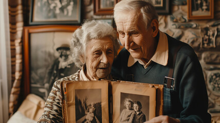 An old couple looks at old photos in a family photo album