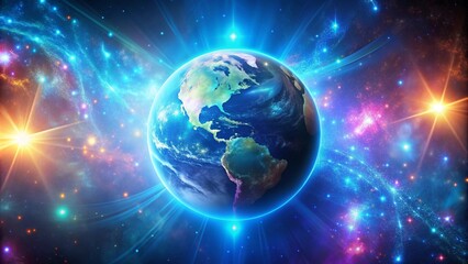 Fototapeta premium Bright blue planet Earth against colorful stars backdrop, Cyberpunk Art, generative AI, planet, Earth, space, stars