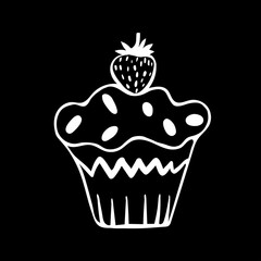 A cute hand-drawn muffing with a strawberry on top, a black and white cupcake icon, a pastry doodle, a cake sketch
