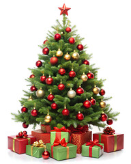 Christmas tree with red and green gift boxes isolated on white background. Clipping path. Decorated Christmas tree concept