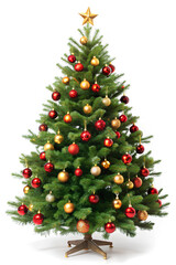 Christmas tree with red and green gift boxes isolated on white background. Clipping path. Decorated Christmas tree concept