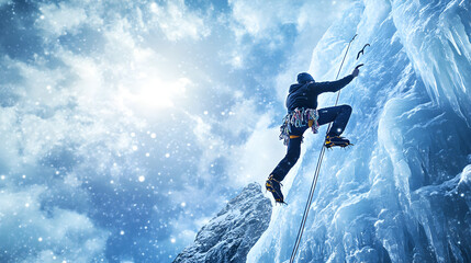 A rock climber scaling an ice-covered mountain, with the climber’s full body and climbing tools visible against a dramatic icy landscape and sky.


