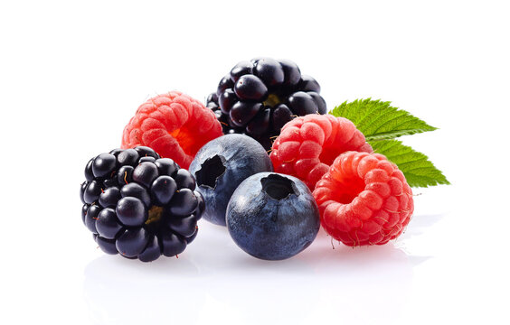 Mix berries in closeup on white background