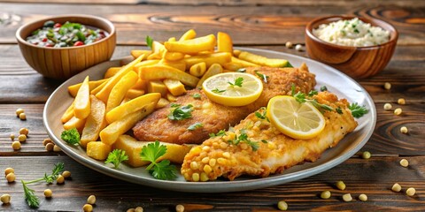 Delicious fish and chips with corn and seeds on a white plate, healthy, meal, snack, seafood, fried, crispy, golden, delicious