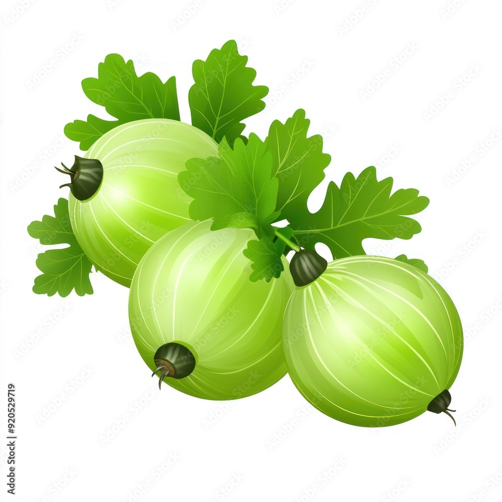 Wall mural Three green gooseberries with leaves isolated on white background.