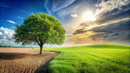 Half barren land meets half lush green landscape with a unique tree in the middle, barren, dry, prosperity, nature, green