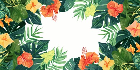 A vibrant tropical floral frame featuring lush green leaves and colorful hibiscus flowers, perfect for invitations, announcements, or creative designs