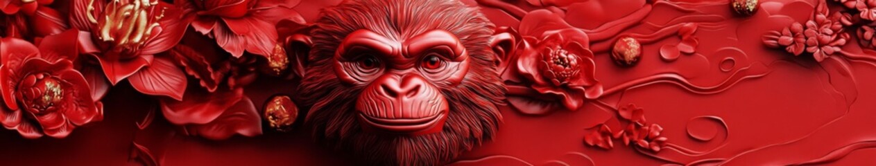 Obraz premium Chinese Zodiac Vibrant 3D Red Art Background for the Year of the Monkey, Capturing the Playful Spirit and Agile Energy of the Celebration.
