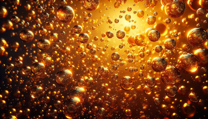 Golden bubbles suspended in liquid creating a mesmerizing abstract background shining brilliantly 