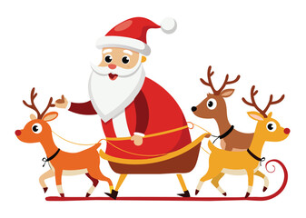 illustration of Santa clause riding his sleigh pulled by reindeers. Vector Christmas element white background 