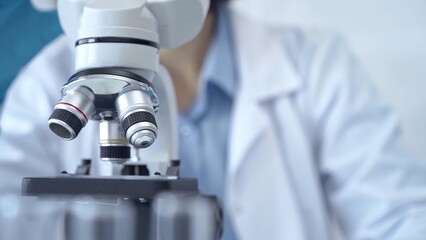 Scientist using microscope in laboratory. Close-up of a researcher's hands adjusting a modern microscope in a lab setting. Science concept
