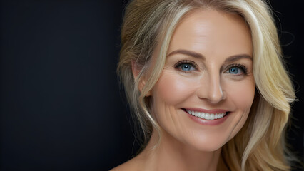 Naklejka premium Portrait of beautiful middle aged woman with blond hair and blue eyes
