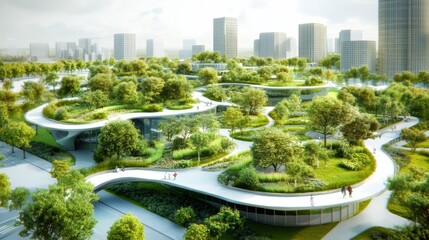 Sustainable infrastructure design integrating green spaces with innovative architecture in a cityscape