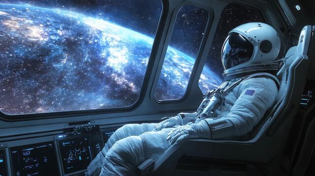 Astronaut gazing deep space nebulae from spacecraft window. Space exploration and interstellar travel concept. Space mission in outer space. Future space station, futuristic spaceship interior