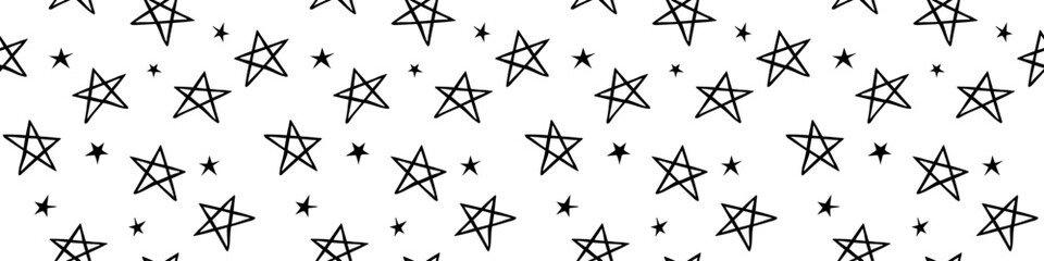 Hand drawn grunge seamless pattern. Black and white background. Abstract doodle drawing pentagram. Vector art illustration stars