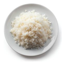 Cooked rice on white porcelain plate, isolated on a white background, Clipping path, Top view