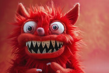 This expressive red furry monster puppet with big eyes and sharp teeth is perfect for adding a touch of humor to marketing campaigns.