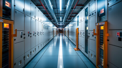Long, empty corridor lined with industrial metal cabinets. ..