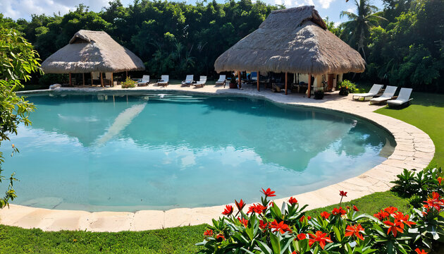 Oasis tropicale avec piscine et cabanes en chaume