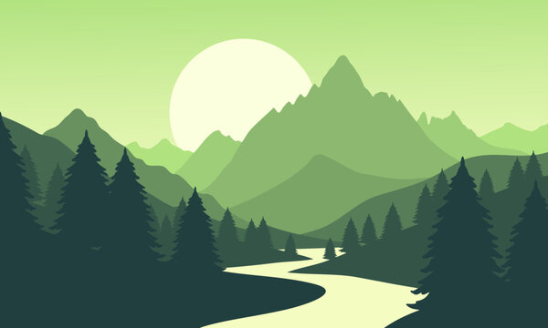 Vector green mountain landscape with clear sky, sunset behind the mountains and silhouettes of trees and calm lake water