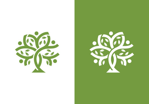 line art nature logo vector design of tree and man or person inside circle, abstract tree logo symbol inside circle	
