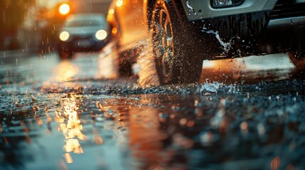 Close-up of Car Driving Through Puddle on Wet Street at Sunset with Water Splashing Dramatically