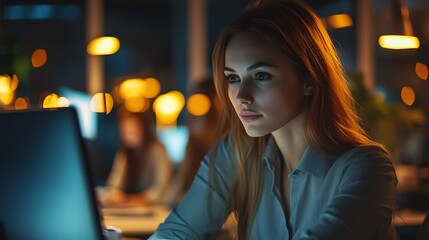 Obraz premium Businesswoman working late in the office, with her team still collaborating on a project in the background