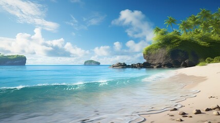 An idyllic coastal scene with a pristine beach, crystal-clear turquoise water, and a cloudless sky, inviting viewers to escape into a tranquil paradise