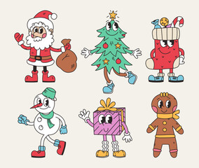 Cool Groovy Christmas. Groovy Santa Claus, Christmas tree, snowman, gift, gingerbread, gift sock in trendy retro cartoon style. Vector character sticker set