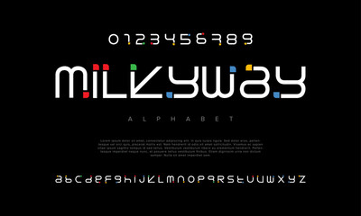 Milkyway creative modern geometric urban alphabet font. Digital abstract futuristic, game, techno, robot, music, logo, sport, minimal technology typography. Simple numeric vector illustration