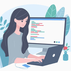 Coder female as professional programmer for web scripts tiny person concept Illustration 