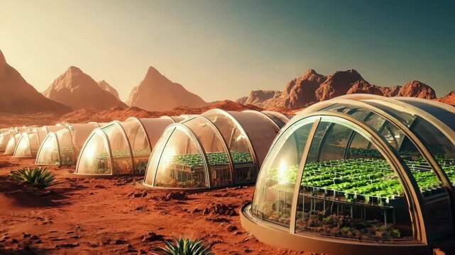 Futuristic colony base with greenhouses on mars planet. Space manned mission on red planet. Futuristic exploration and planet colonization concept, adventure. Science fiction. Agriculture and farming 