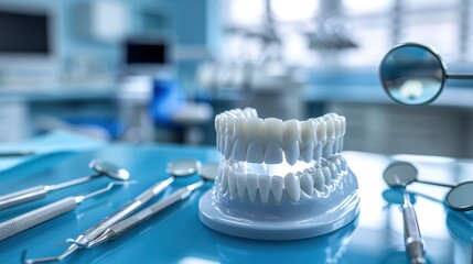 Dental Tools and Model Teeth on a Blue Surface in a Modern Dental Clinic