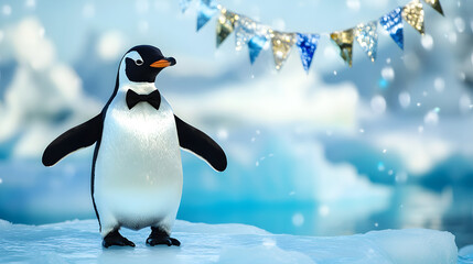 Obraz premium A dapper penguin stands proudly in a tuxedo and bowtie against a festive background of ice and decorations, evoking a charming, celebratory atmosphere