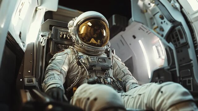 Astronaut sitting inside spaceship cockpit during mission. Space exploration and travel concept. Interstellar spacecraft, space station. Science fiction. Rocket launch