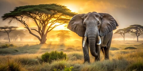 Obraz premium Majestic African elephant bull with wrinkled gray skin and curved tusks standing alone in a sun-drenched savannah landscape with acacia trees and misty background.