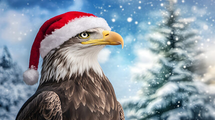 Obraz premium An eagle wears a red Santa hat against a snowy landscape, evoking a festive and whimsical holiday spirit in a serene winter setting